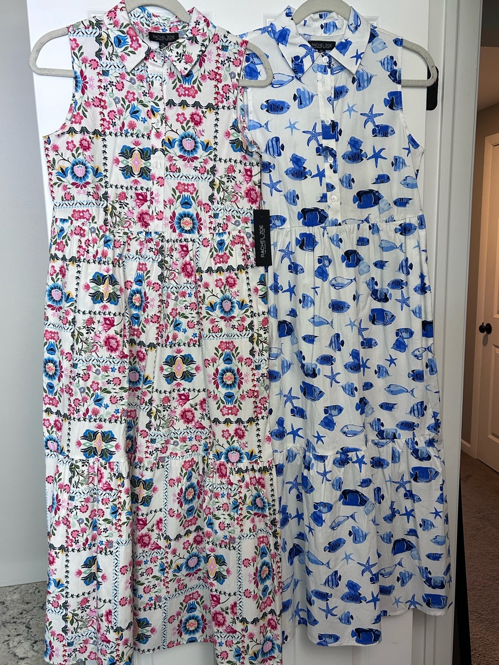 2 Rachel Zoe Sleeveless Printed Tiered Maxi Dresses, size XS